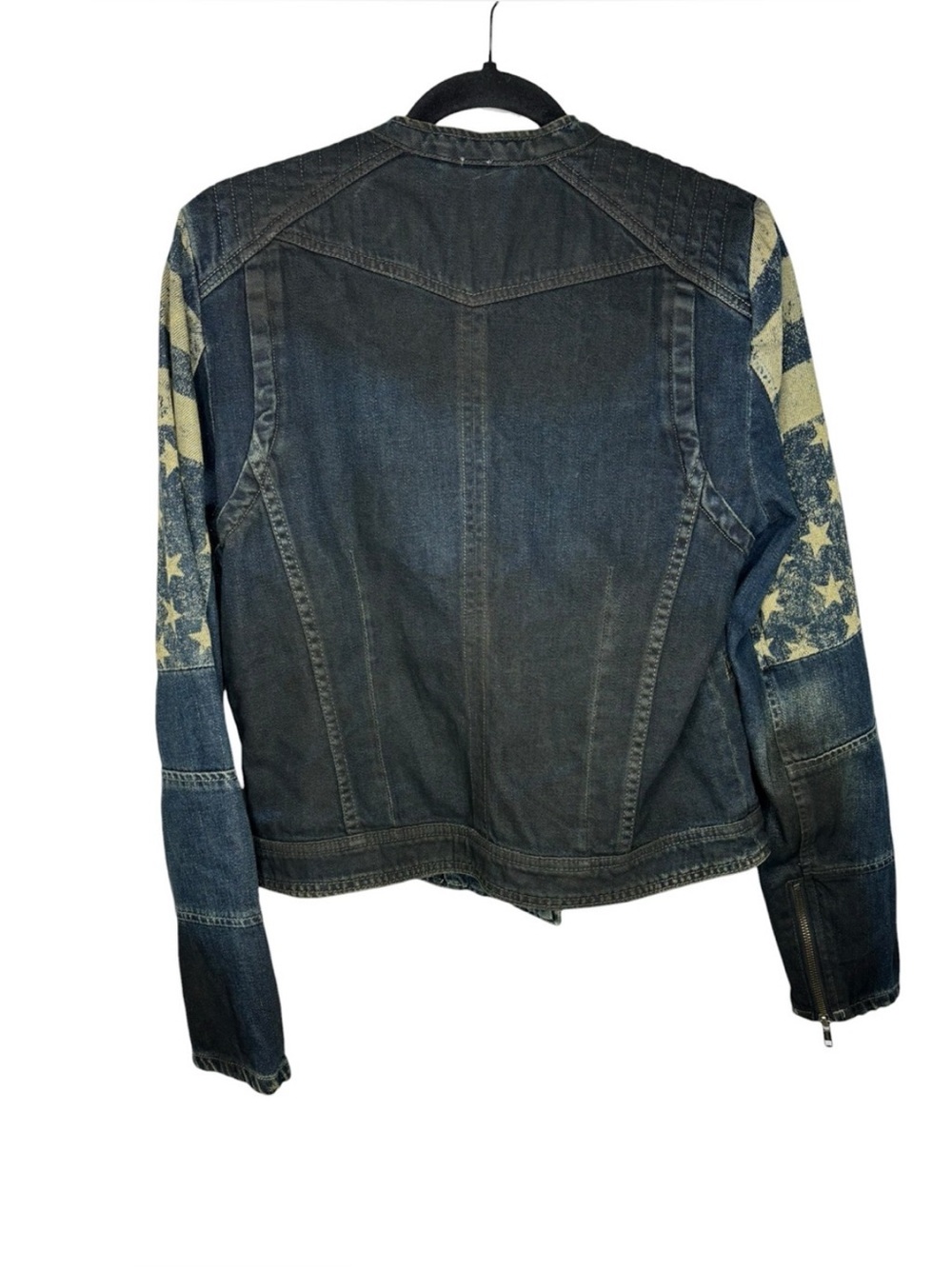 We The Free - Free People Denim Moto Jacket with Star Stripe Sleeves - Picture 7 of 10